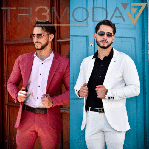 dos hombres luciendo blazer de color vino tinto y de color blanco