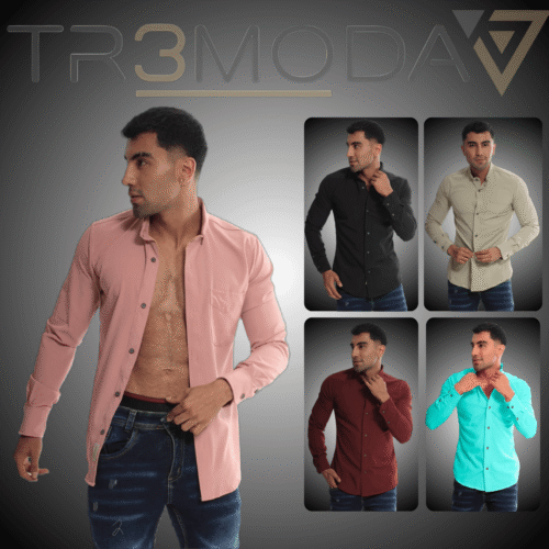 hombre luciendo camisa novento de color palo de rosa, con otros hombres luciendo camisas de colores negro, beige, vinotinto y verde agua marina
