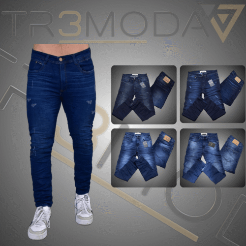 4 hombre usando jean tipo Skinin de color azul