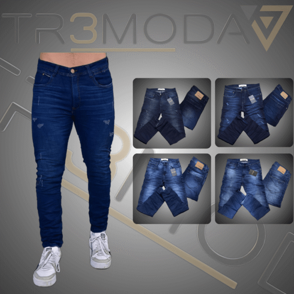 4 hombre usando jean tipo Skinin de color azul