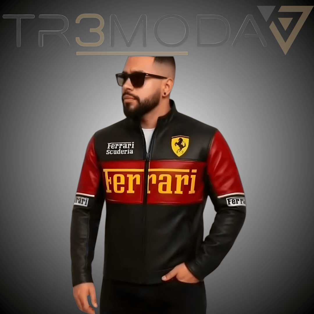 chaqueta tipo ferrari confeccionada en coerotex de alta calidad es una chaqueta para hombre de color negrorojo y amarillo