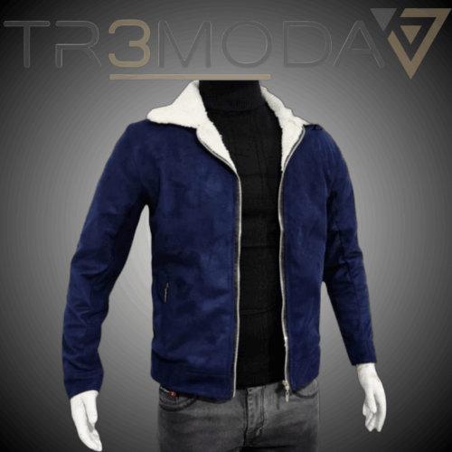 chaqueta de gamuza con cuello y forro en tela ovejera en color azul