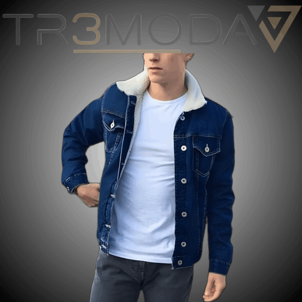 chaqueta para hombre en jean con cuello y forro ovejero color azul