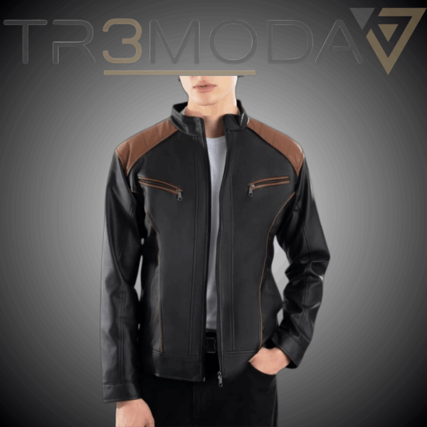 chaqueta cuerotex black miel chaqutea en cuerotex con forro en algodon de color negro con adornos color miel en los bolsillos y las hombreras